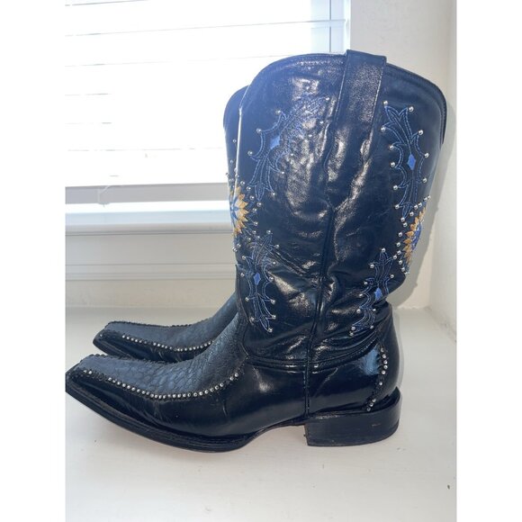 JUGO‎ Hand Embroidered Studded Men\'s Black Leather Cowboy Boots Size 9 main image 15